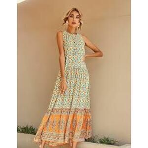 R. Vivimos Boho Floral Maxi Dress Womens Small Festival Hippie Sleeveless Tiered